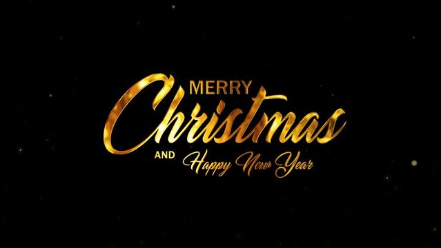 Merry Christmas and Happy New Year greetings whit golden text on black background.particles and glittering stars.christmas concept.animated holiday season social post digital card.