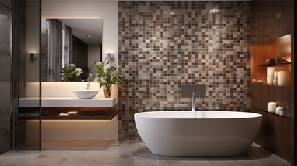 Fototapeta na wymiar A bathroom with a mosaic accent wall and contemporary fixtures