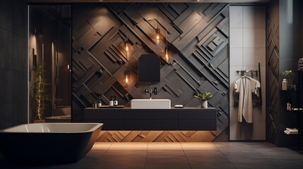 A bathroom with a sunken vanity and decorative wall panels
