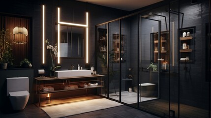 Fototapeta premium A bathroom with a wall-mounted toilet and glass partition