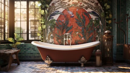 A bathroom with a wall of mosaic tiles and a clawfoot bathtub