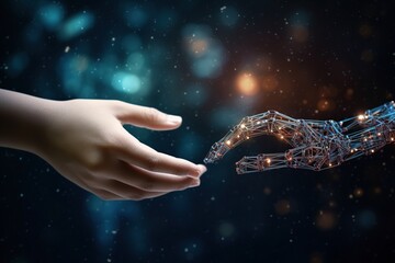 Machine learning, Hands of robot and human touching on big data network connection background, innovation and futuristic. AI Generative