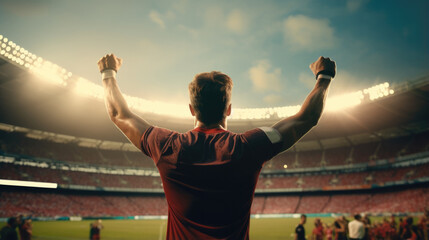 Fototapeta na wymiar Rear view - Happy sportsman with clenched fist after victory against large football stadium under night sky, generative ai
