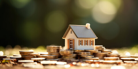 Mini model house on stack of coins in sunlight. Concept of Investment property, generative ai