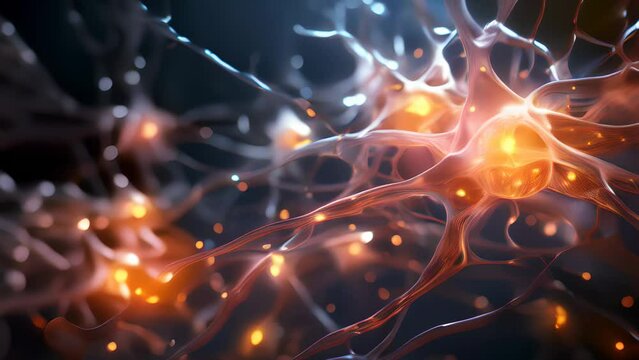 brain, neurons, neural network, firing, synapse, connections, thoughts, thinking, intelligence, brain stimulation or activity with neuron close-up 3D rendering. Neurology, cognition, generative ai