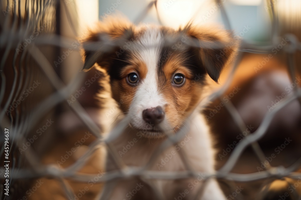 Poster Puppy behind a metal fence.