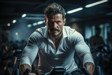 Active male athlete exercising indoors, showcasing strength and vitality in the gym.