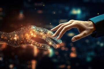 Machine learning, Hands of robot and human touching on big data network connection background, innovation and futuristic. AI Generative