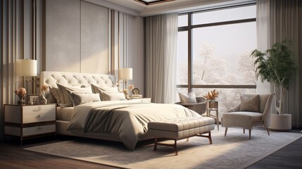 A bedroom with a neutral color palette and a touch of metallics