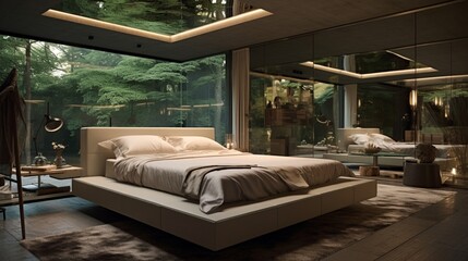 A bedroom with a platform bed and a mirrored ceiling