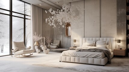 A bedroom with a statement chandelier and neutral color scheme