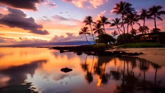 Kapalua Bay Maui Hawaii Bay at Sunset, Coconut Trees in Silhouette against colorful sunset, Stunning Travel Scenic Landscape, Generative AI