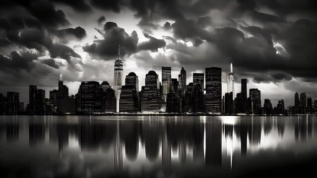 New York City Skyline in Black and White, Lower Manhattan, One World Trade Center, Skyscrapers, Stunning Scenic Landscape Wallpaper, Generative AI
