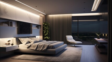 A bedroom with a wall-mounted TV and integrated sound system