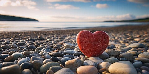 Fototapeta premium red stone in shape of heart on beach by sea, generative ai