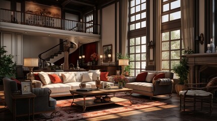 A blend of traditional and contemporary styles in a living room