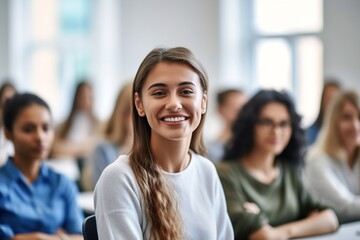 Fototapeta premium student education class lecture university college school classroom study woman group learning young lesson studying man female sitting classmate learn generative ai