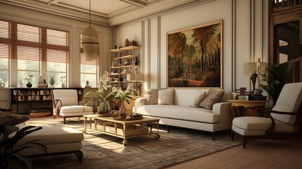 A blend of traditional and contemporary styles in a living room
