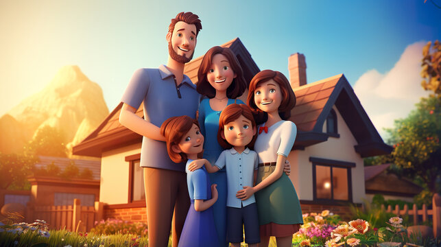 happy family with kids by new house smiling and hugging, buy new home or apartment concept, generative AI