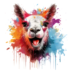 Muurstickers A playful llama t-shirt design capturing a scene of llamas in a watercolor world, where vibrant splashes of color create a lively backdrop as llamas engage in various joyful activities, Generative Ai © moondesigner