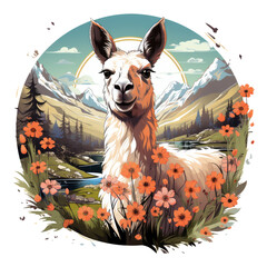 A tranquil llama t-shirt design featuring llamas grazing peacefully in a sun-dappled meadow filled with wildflowers, with a gentle stream meandering through the scene, Generative Ai