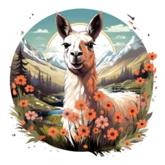 Schilderijen op glas A tranquil llama t-shirt design featuring llamas grazing peacefully in a sun-dappled meadow filled with wildflowers, with a gentle stream meandering through the scene, Generative Ai © moondesigner