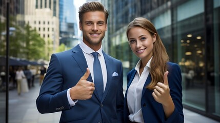 Business people standing in the street and showing thumbs up. Business concept