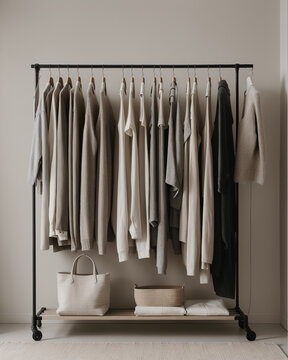 A row of beige clothe hanging on a rack 