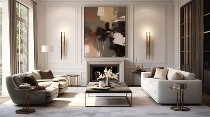 A chic living room with a mix of neutral tones and bold artwork