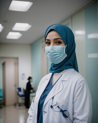 Muslim women doctor in hospital with blurry hospital background 