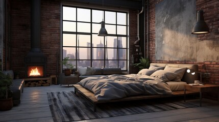 A city loft bedroom with an industrial-inspired design scheme