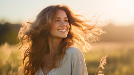 Portrait of a beautiful young woman with long curly hair at sunset - obrazy, fototapety, plakaty
