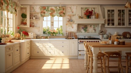 A classic English country kitchen with white cabinetry and floral accents