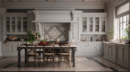 Fototapeta na wymiar A classic English kitchen with white cabinetry and traditional detailing