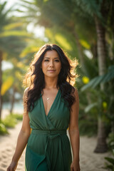 Fototapeta premium Beautiful middle aged woman with long black hair in green dress walking on tropical beach in warm sunlight flare. Image created using artificial intelligence.