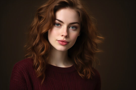 portrait of brunette young woman in a maroon sweater, ai generated