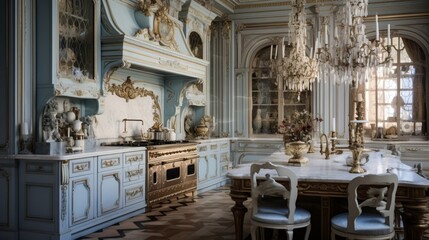 Fototapeta premium A classic French kitchen with marble countertops and ornate detailing