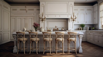 A classic French kitchen with white cabinetry and traditional detailing