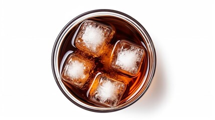Cola in glass with ice cubes and straw from top view
