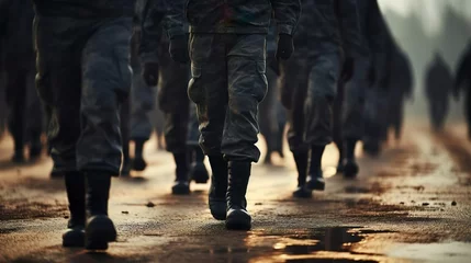 Foto op Canvas Marching army of men in uniform and boots close up © Jodie