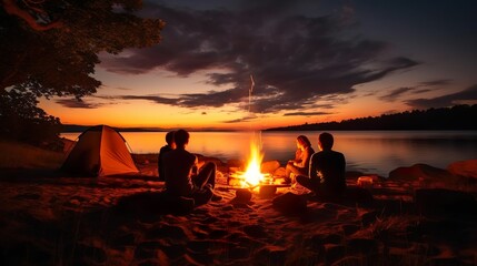 Night summer camping on lake shore Group