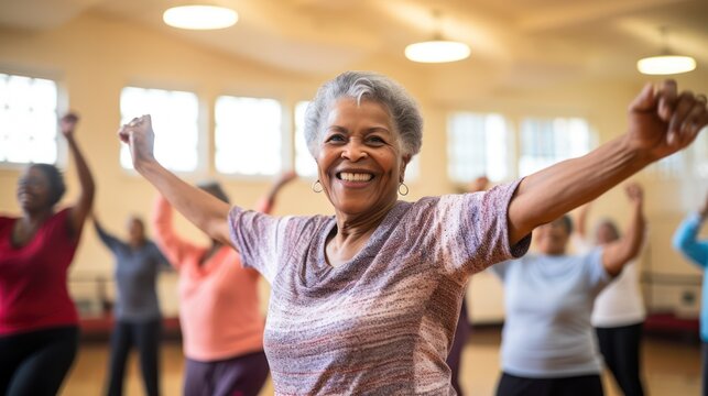older lady doing a fitness class to stay fit in her old age, old woman ,generative ai