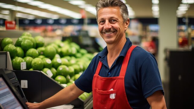 average worker in english supermarket with vegetables in background,generative ai