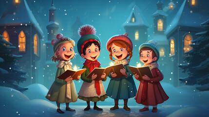 Group of carolers singing joyful Christmas songs