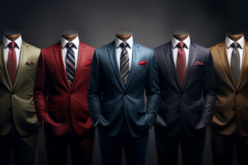 Clothes and accessories concept. Various classic man suits background with copy space. Generative AI
