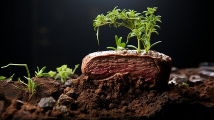 Beef steak on the ground with a tree growing out of it
