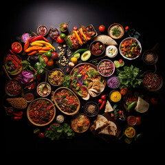 a colorful spread of food with varying cuisine like I, generative ai