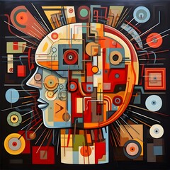 Brainstorm concept. cubist painting of a head and brain on dark background