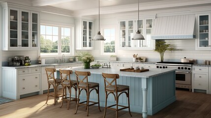 A coastal cottage kitchen with beadboard cabinets and nautical accents