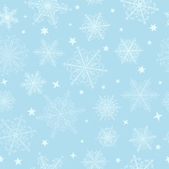 Christmas seamless pattern of beautiful complex white snowflakes on light blue background. Winter illustration with falling snow